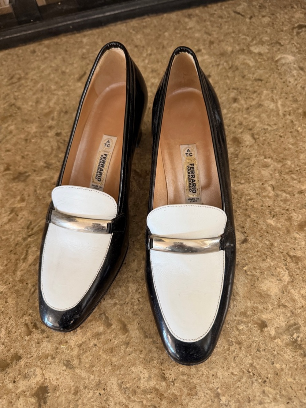 Ferrari Black and White Leather Loafers with Silver Accent